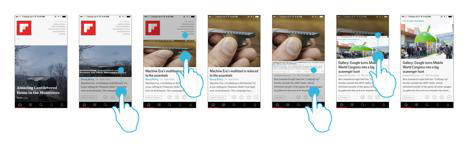 Flipboard users experience a clear sense of rhythm as they flip through stories with their finger, one at a time; in this example, we show the iPhone app, but this is true in the other systems in which Flipoard is available as well