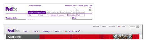 The primary navigation structure of FedEx’s website in 2005 and 2015—the newer version is greatly simplified and more user friendly, but the fundamental structure is still recognizable