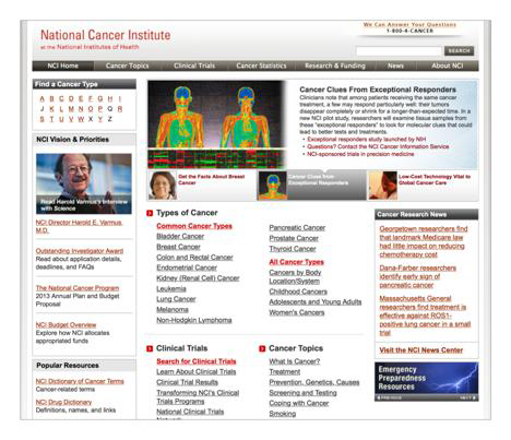 The National Cancer Institute groups items within the page