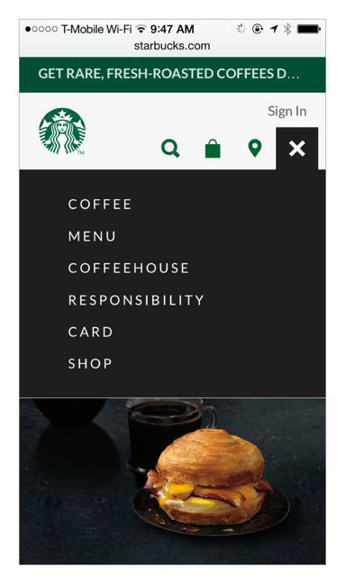 When accessed in a mobile browser, the labels used on the Starbucks website are experienced in a different context, which can change their meaning