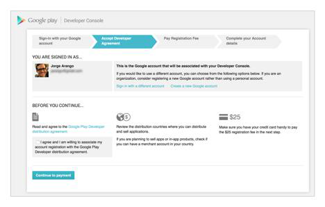 Clear sequential labeling in the Google Play Developer signup process