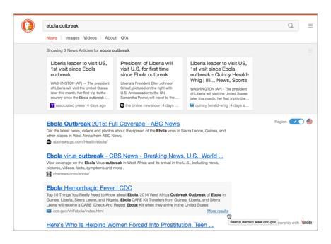 DuckDuckGo search results are accompanied by a link to “More results” within the same domain