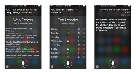 Siri uses natural language processing to determine whether the user wants to do a web search, look at the weather app, or hear a bad joke