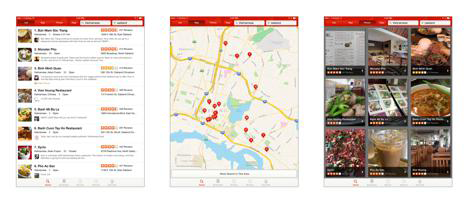 The Yelp iPad app allows users to select three different ways of viewing search results: as listings, as locations on a map, or as images