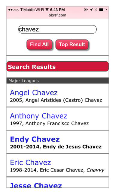 Baseball-Reference.com displays search results in alphabetical order