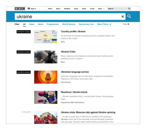 A search of the BBC site retrieves a set of manually tagged documents as well as automatic results; the recommendations are called “Editor’s Choice” rather than “Best Bets”