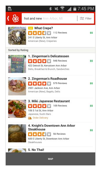 User ratings fuel the ranking of these Yelp results