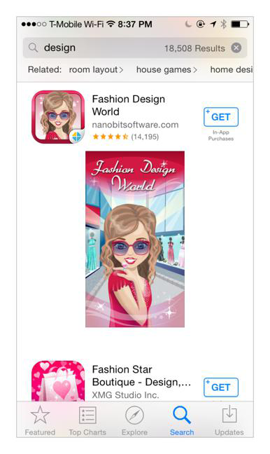 Search results in the iOS App Store include a “GET” button (which lists the app’s price when it is greater than free)