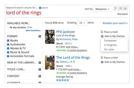 The San Francisco Public Library allows users to add search results to three “shelves”: “Completed,” “In Progress,” and “For Later”