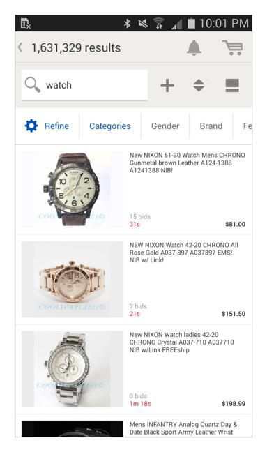 The eBay app’s search results provide opportunities to revise your search...