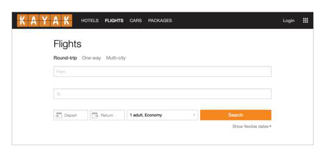 Kayak’s flight search form features clearly labeled fields