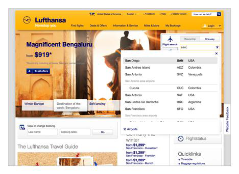 Like many airlines, Lufthansa presents a list of airports that match the first few characters the user types into the origin and destination search boxes