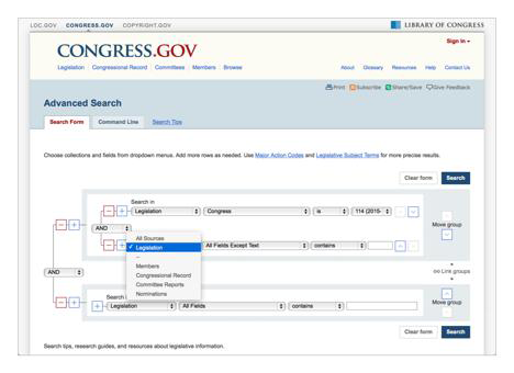 Congress.gov allows advanced users to build complex searches using Boolean operators