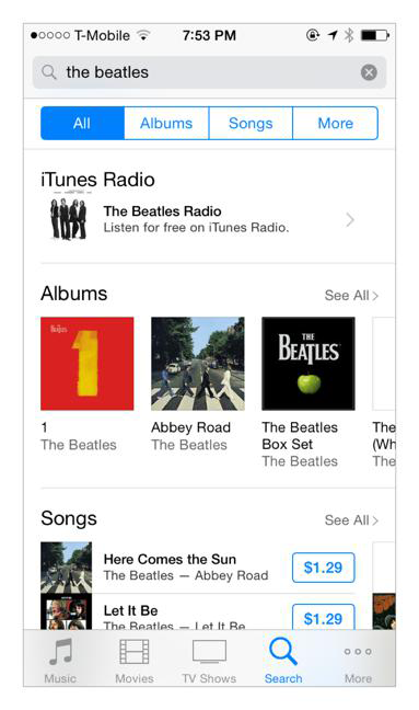 The iOS iTunes Store app search system shows you where you searched (i.e., “All”), and makes it easy to reach results from other search zones