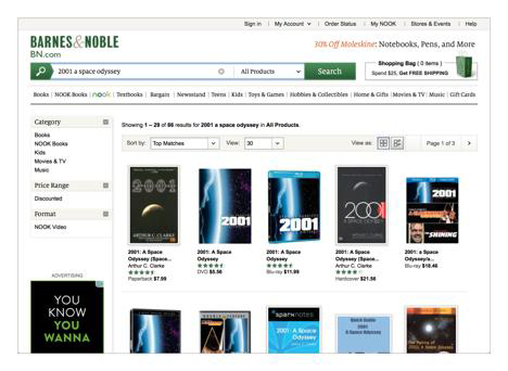 Searching leads to browsing: a search for “2001 a space odyssey” on the Barnes & Noble site retrieves categories as well as documents...