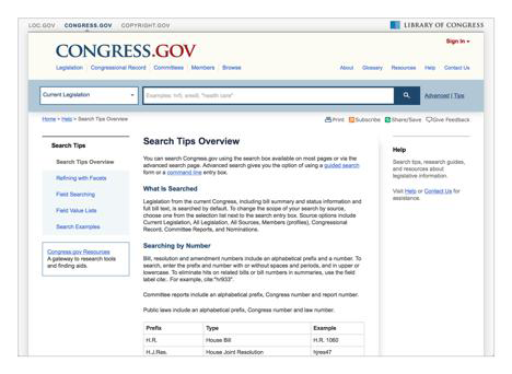 Congress.gov provides advice on how to narrow down searches