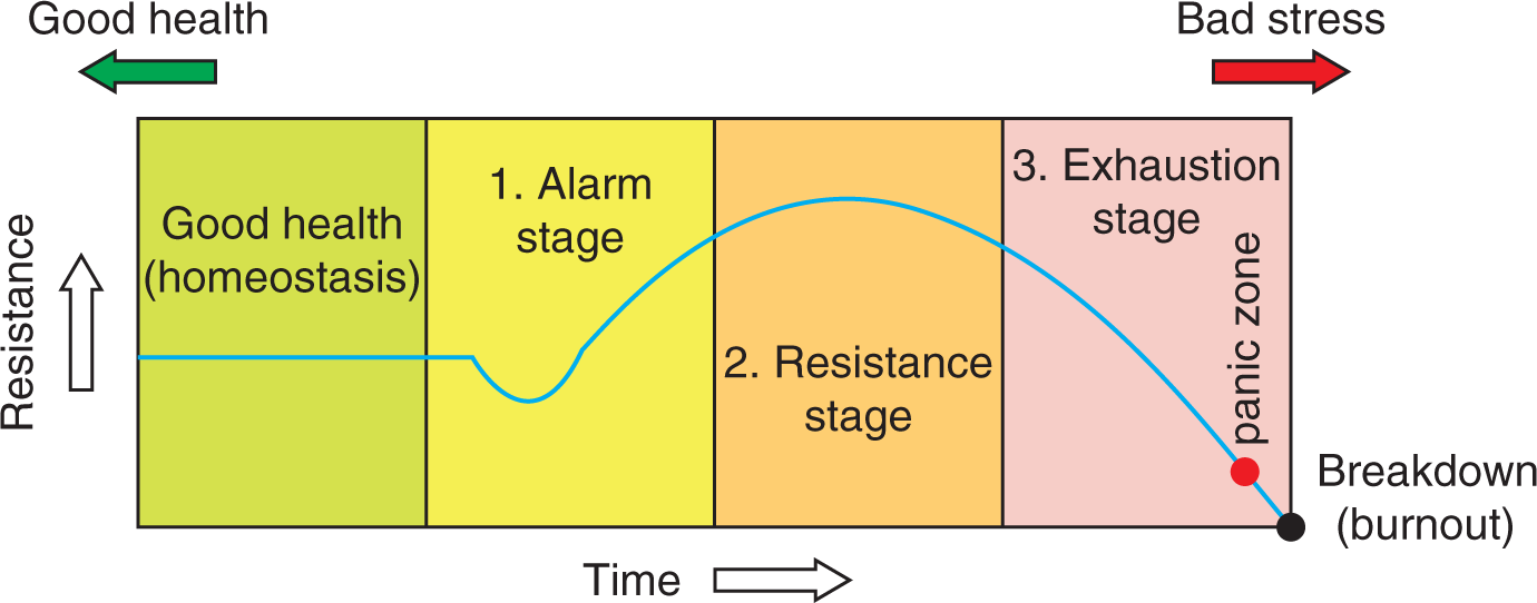 good health leads to 1) alarm stage - low but increasing resistance; 2) resistance stage - highest resistance, 3) exhaustion stage - dropping resistance, then panic zone; then breakdown