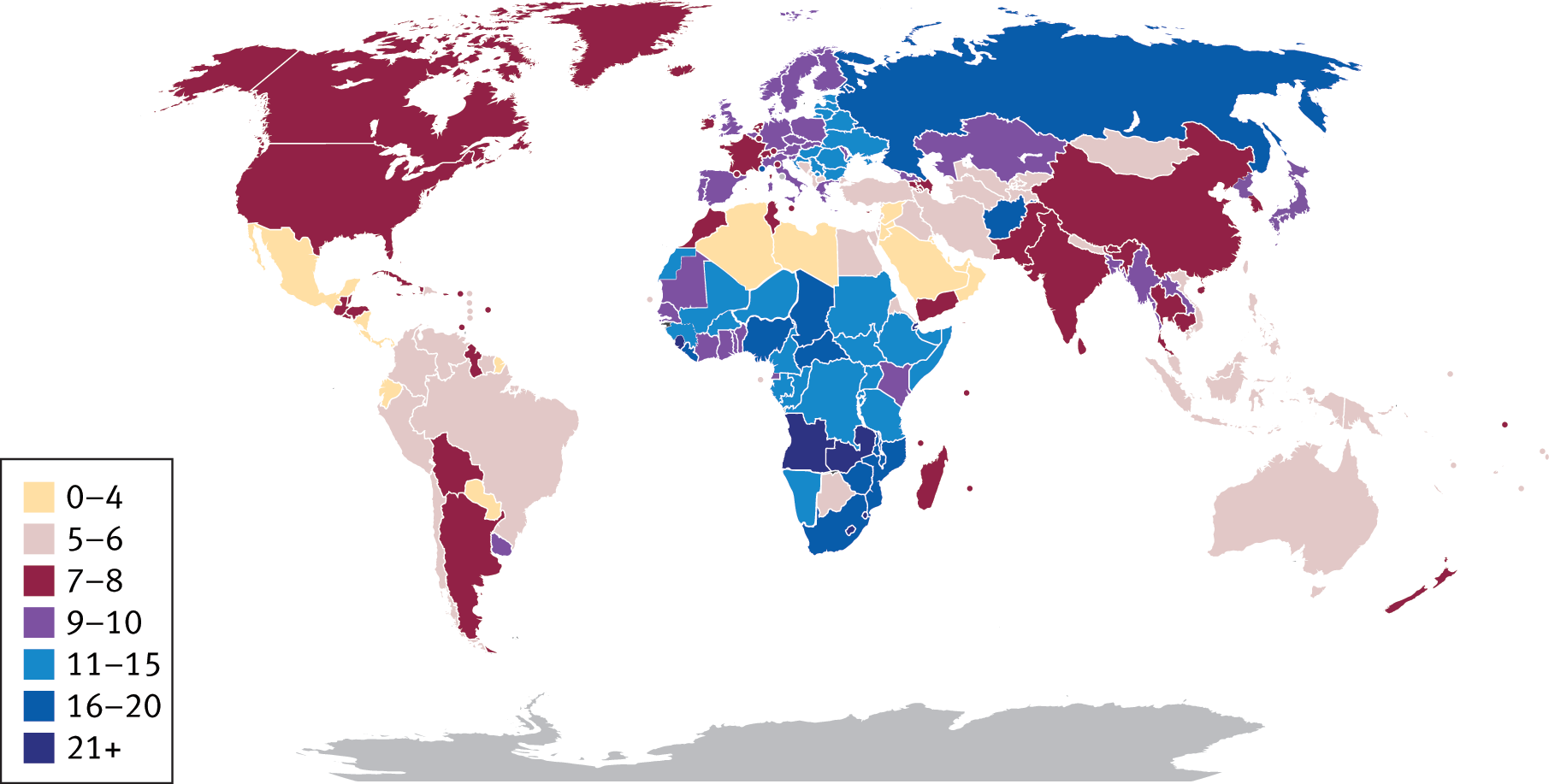 world map; highest mortality rates in sub-Saharan Africa and Russia; lowest in north Africa and Mexico