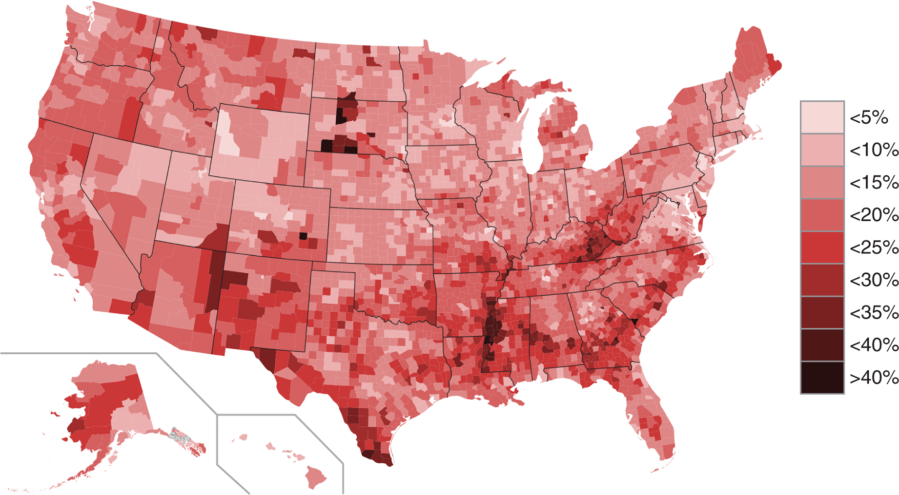 US map; highest rates are around the Mississippi River, Eastern Kentucky, South Dakota