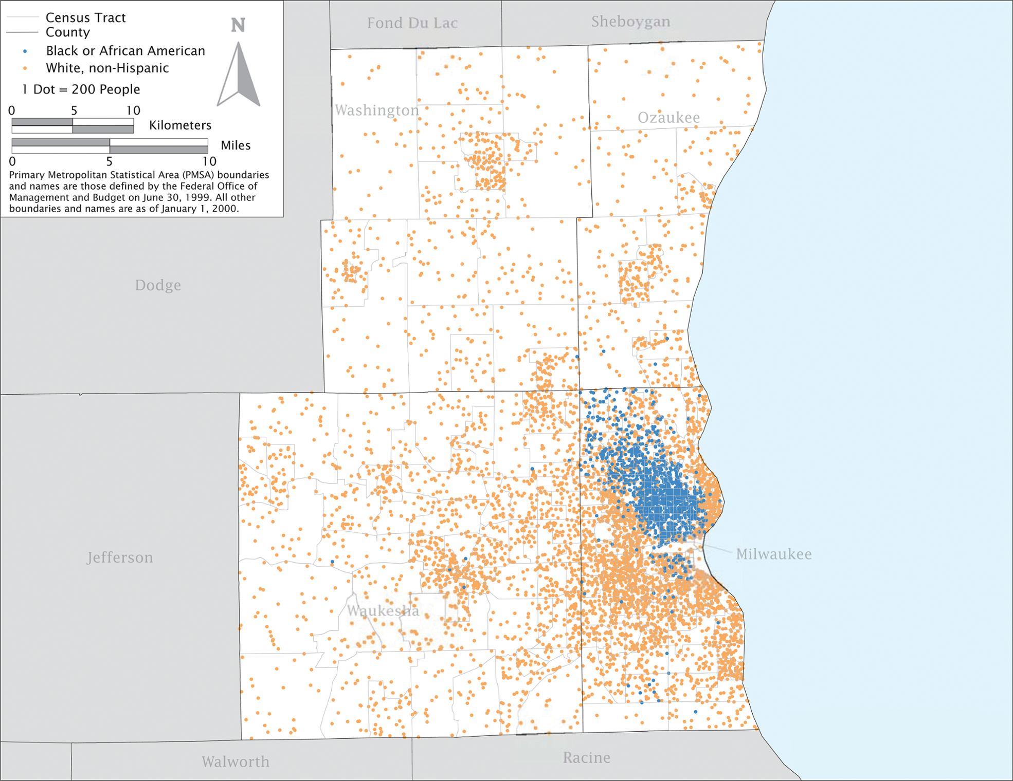 map; black population heavily concentrated in Milwaukee while white non-Hispanic population is found in surrounding areas