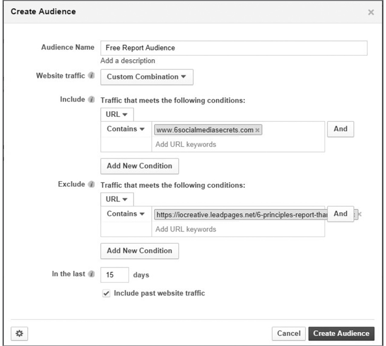 FIGURE 10.2: Facebook Custom Audience to Target People Who Landed on the Free Report Page but Did Not Opt-In