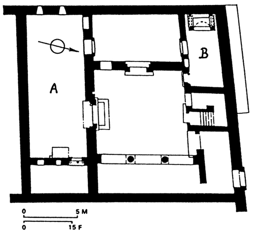 : A. Salle probable des synaxes* B. Baptistère