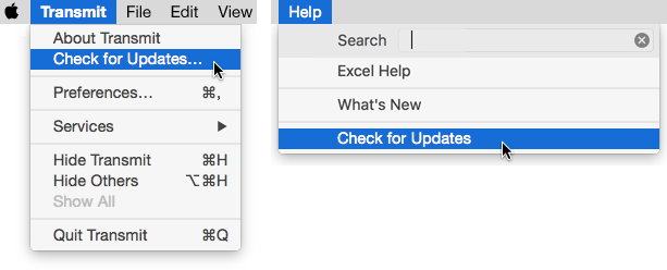 **Figure 4:** In some apps, such as Transmit (left), the Check for Updates command appears in the application menu—the one with the same name as the app. In others, such as Excel (right), it appears in the Help menu. Wording may also differ between apps.