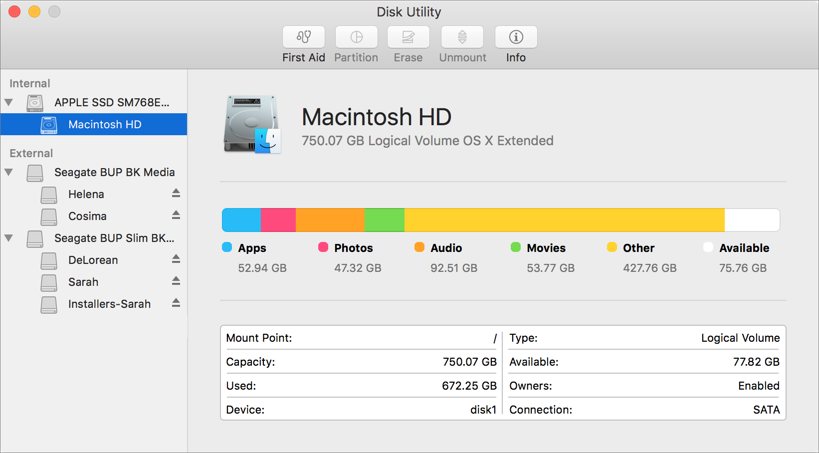 **Figure 5:** In Disk Utility, volume names are indented beneath device names; here, a volume (Macintosh HD) is selected.