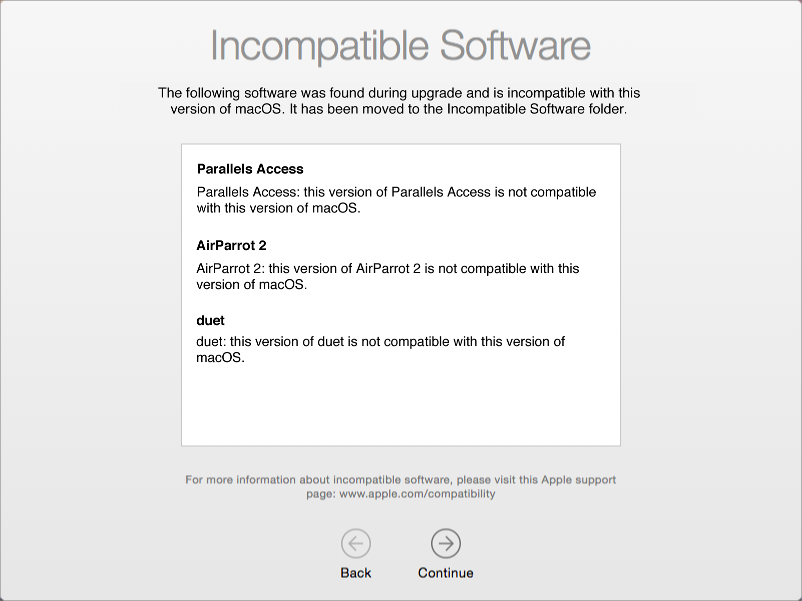 **Figure 7:** This screen lists any incompatible software the installer moved aside. Check with the developers for updated versions. (These old examples are from Sierra—so far, none of the software I use regularly has triggered this warning when installing High Sierra.)