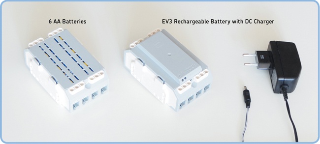 You can power the EV3 brick with six AA batteries or with the EV3 rechargeable battery.