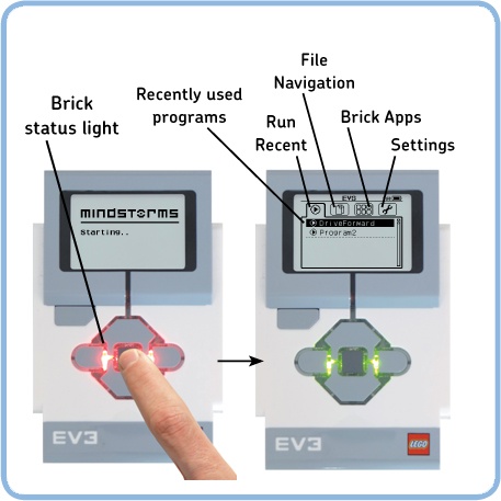 Turning on the EV3 brick with the Center button opens up a menu with four tabs. The Run Recent tab shown on the right contains recently used programs.