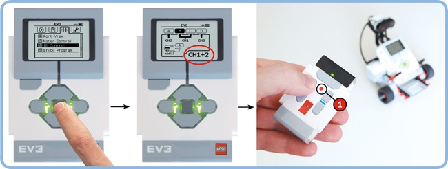 To activate Remote Control mode, navigate to the Brick Apps tab and select IR Control. If the screen doesn’t show Ch1 + 2 in the lower-right corner, press the Center button again. In this configuration, you control the motors connected to ports B and C with the remote set to channel 1. (The red slider is all the way at the top.)