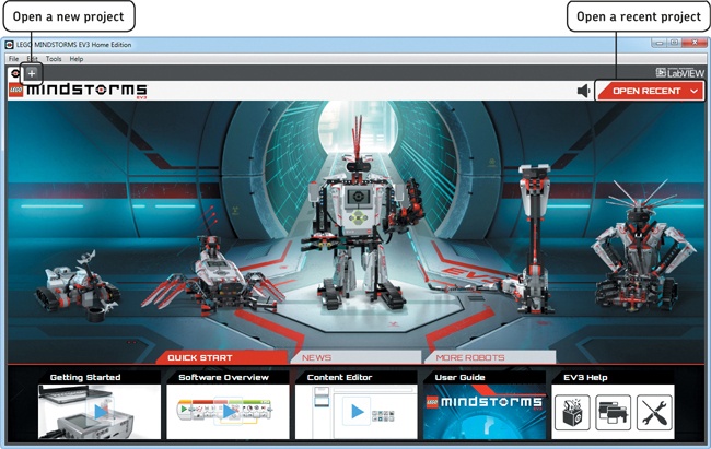 The EV3 software lobby. Click the + symbol to start a new programming project.