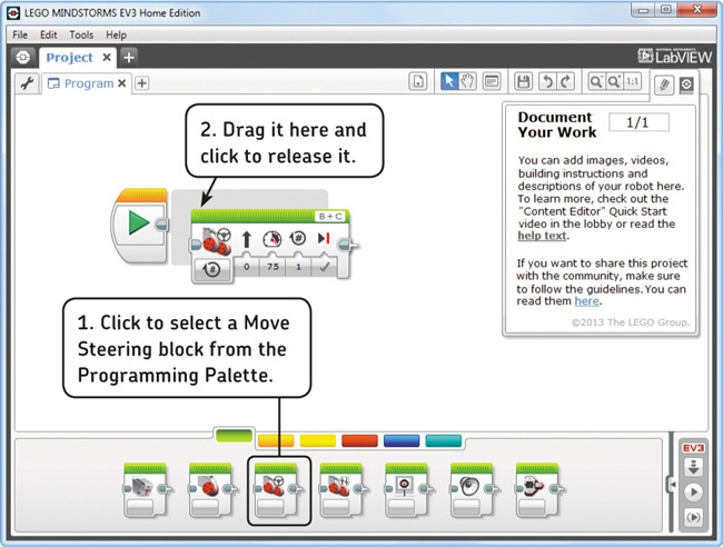 Placing a block in a program. When you click to drop a block, it should snap to the orange Start block that’s always there when you create a new program.