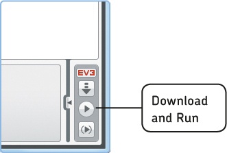 Downloading a program to the robot and running it. The letters EV3 in red indicate that the robot is successfully connected to your computer.