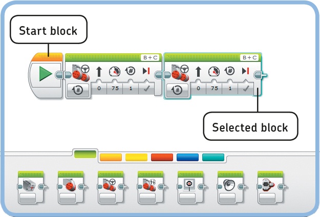 Once you’ve picked a block from the Programming Palette, place it on the Programming Canvas. If this is the first block in a program, place it right after the Start block.