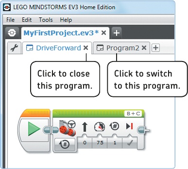 Tabs for multiple programs in a project. The * after MyFirstProject.ev3 indicates unsaved changes in your project.