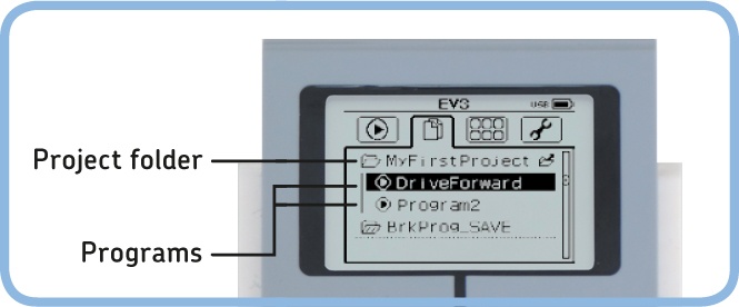 Programs are stored in project folders in the File Navigation tab. The folder name is the same as the project name.