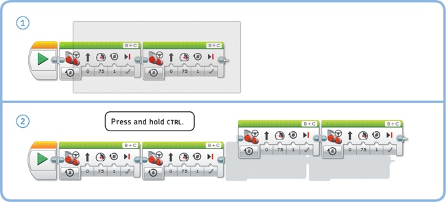 Duplicating a series of blocks: (1) Keep the left mouse button pressed while you drag a selection around the blocks you want to duplicate. (2) While holding down CTRL, drag the blocks next to the ones that were already there. (On a Mac, use the key.)