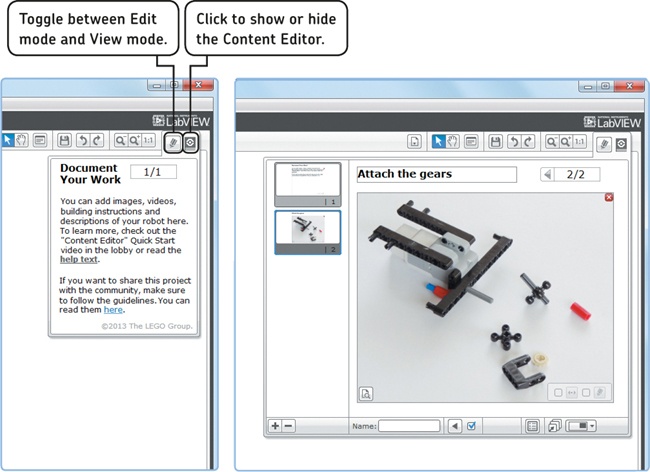 Use the Content Editor to document your project (left). For example, you can add a picture that shows how a mechanism on the inside of your robot works (right).