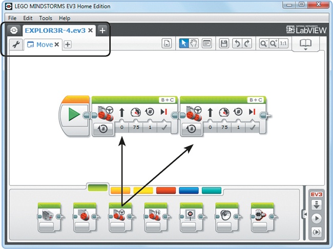 Creating the Move program in the EXPLOR3R-4 project. Choose a Move Steering block from the Programming Palette and place it next to the Start block. Place the second block next to the first one.