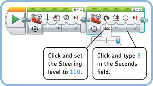 Configure the second block by dragging the steering slider all the way to the right and then entering 3 in the Seconds field.