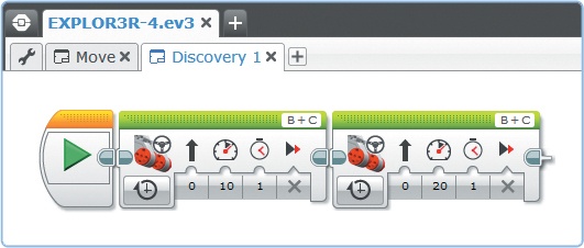 The first blocks of the program for Discovery #1. Remember to add a new program for each Discovery and save it when you’re done so you can continue working on the programs later!