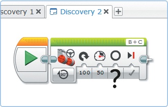 The program for Discovery #2. Which value makes your robot turn 90 degrees? Which value should you use for a 180-degree turn?