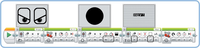 The DisplayTest program makes your robot move while displaying things on the screen. The screen previews are shown here for convenience, but you can hide them if you like.