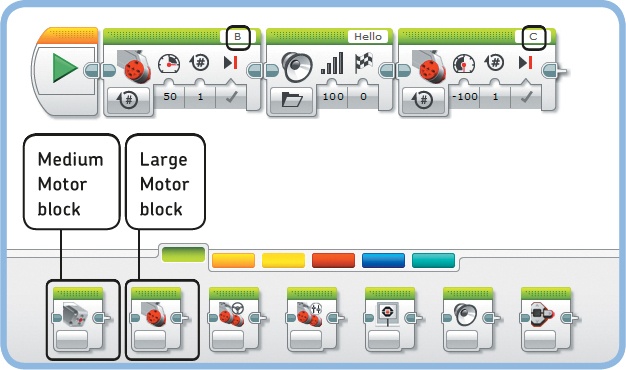 The LargeMotor program: The left motor turns forward, the robot says “Hello,” and the right motor turns backward.