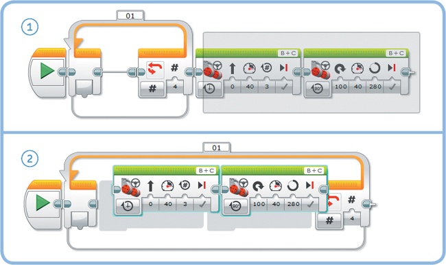 To place blocks inside a Loop block, first place all required blocks on the Programming Canvas (1). Next, select the blocks you want to move and drag them into the loop (2). The Loop block should resize automatically to create space for the blocks as you drag them in. When you drag a Loop block around, its contents remain inside it.