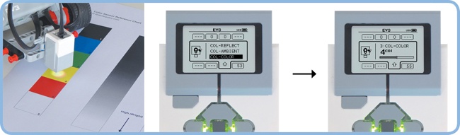 Go to the Port View app to see the sensor measurement. Navigate to the sensor on input port 3, press the Center button, select COL-COLOR, and press Center again. You should now see a number between 0 and 7, representing a color. The sensor value is 4 in this case (representing yellow).