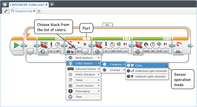 Create a new project called EXPLOR3R-Color with one program called StayInCircle. To configure the Wait block, first choose the mode; then click the Set of Colors setting and choose black (1) from the list of colors that appears.