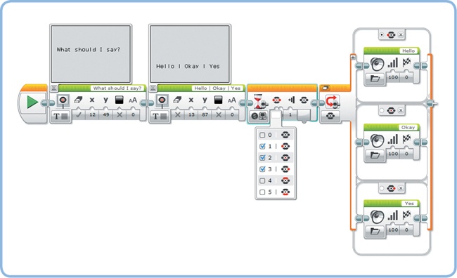 The ButtonMenu program. The Wait block is configured in Brick Buttons – Compare – Brick Buttons mode, and the Switch block is in Brick Buttons – Measure – Brick Buttons mode.